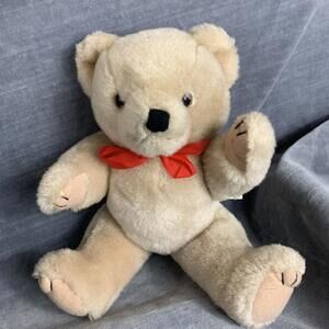 Teddy Bear Beige Jointed with Red Ribbon  9” Tall Plush Stuffed Animal Toy